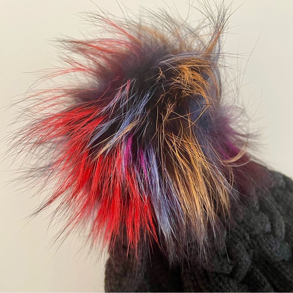 Adrienne Landau Black Multicolored Fox Fur Beanie NEW NWT